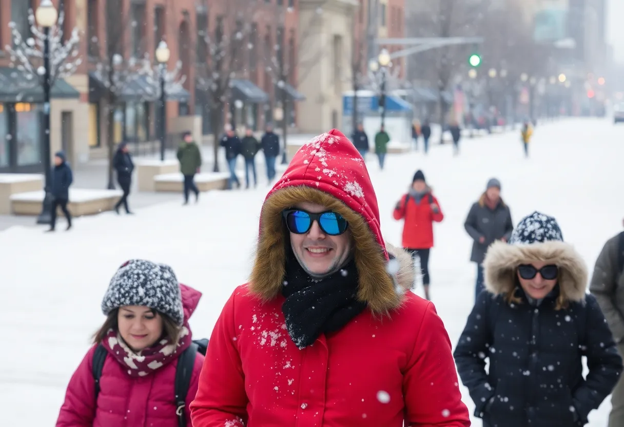 Residents of Louisville dressed in warm clothing in a snowy environment