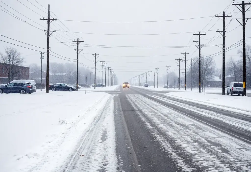 Snow-covered streets in Louisville with icy power lines