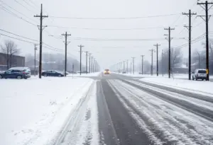 Snow-covered streets in Louisville with icy power lines