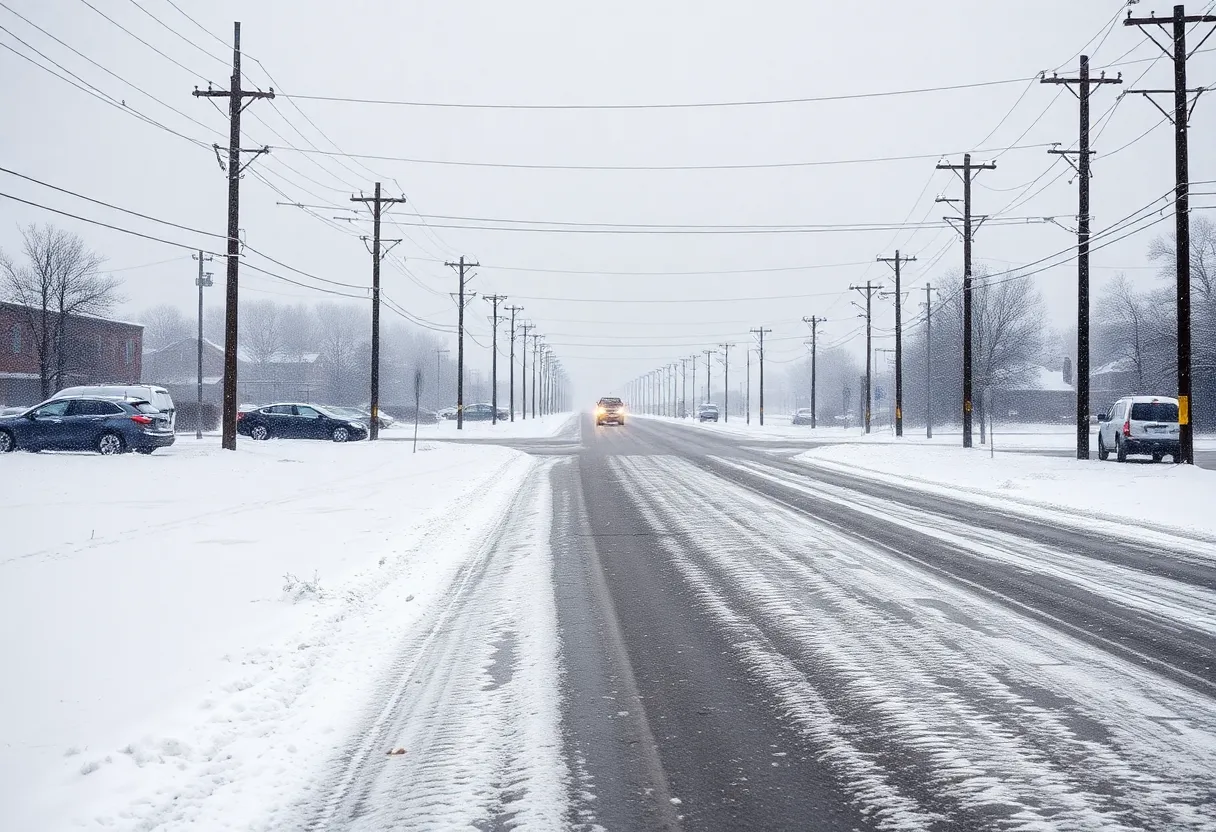 Snow-covered streets in Louisville with icy power lines