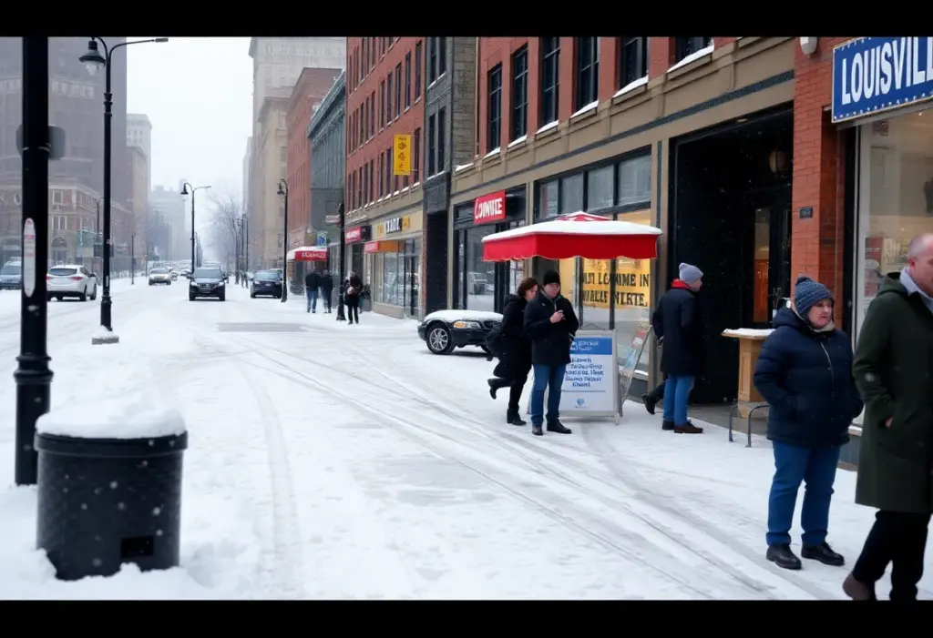 Snow-covered downtown Louisville with closed storefronts