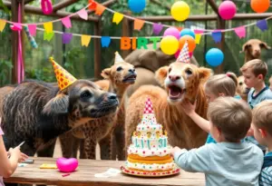 Animals celebrating their birthdays at Louisville Zoo with visitors participating in crafts and games.