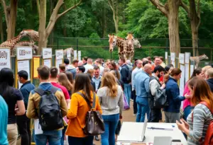 Job seekers at the Louisville Zoo job fair engaging with representatives.