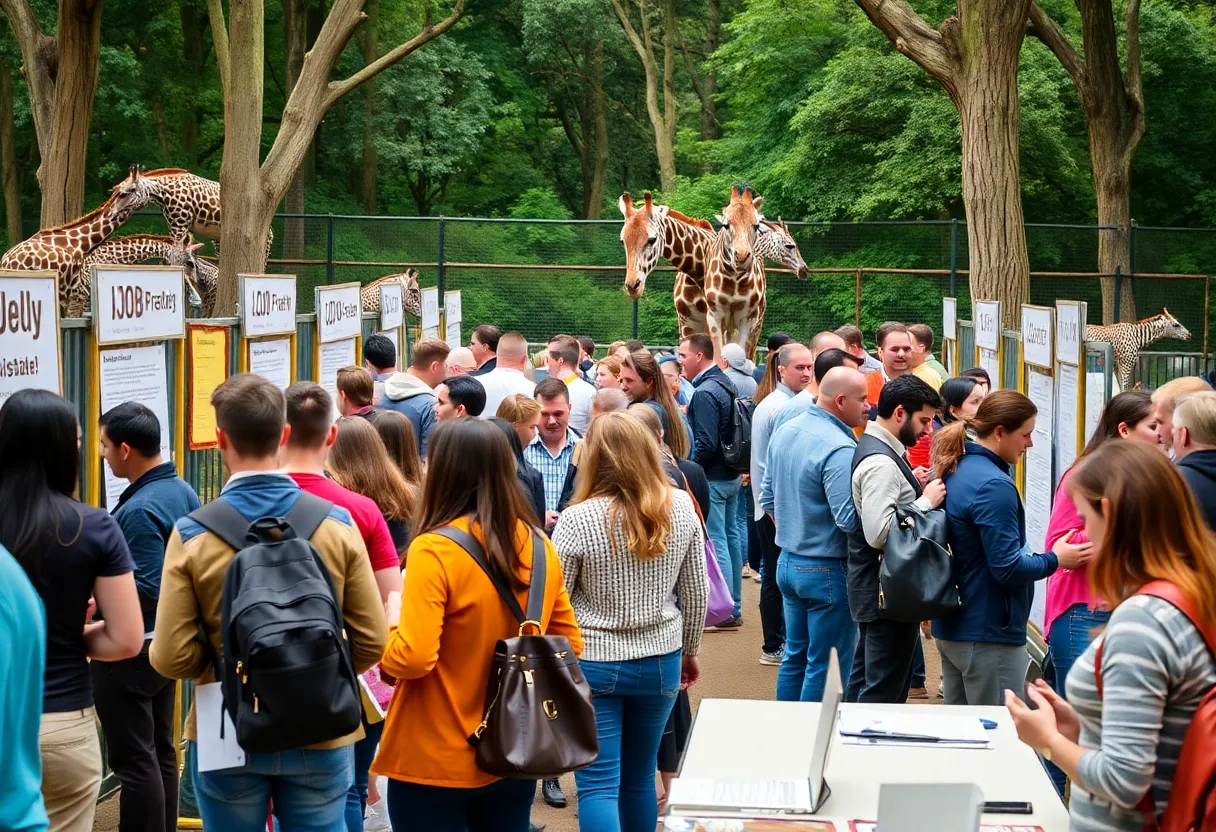 Job seekers at the Louisville Zoo job fair engaging with representatives.