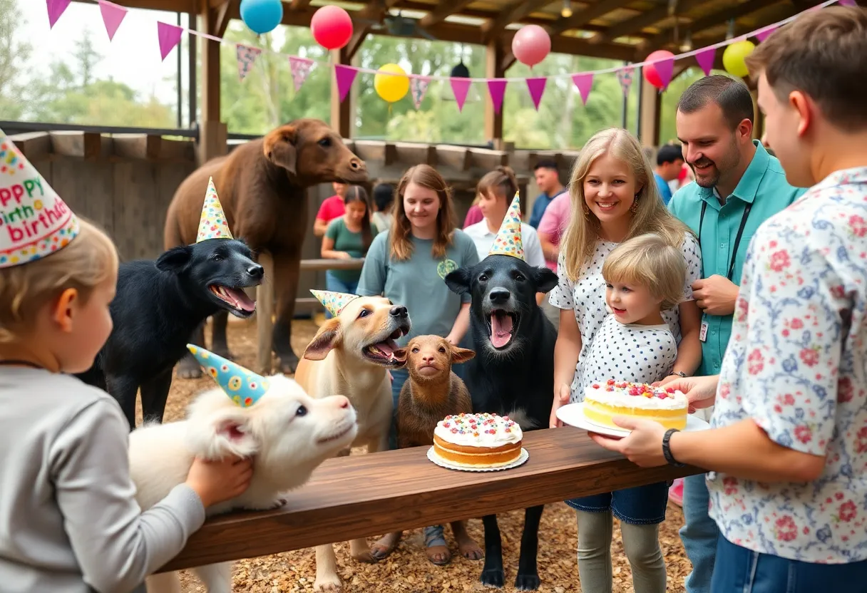 Celebration at Louisville Zoo with animals enjoying birthday treats