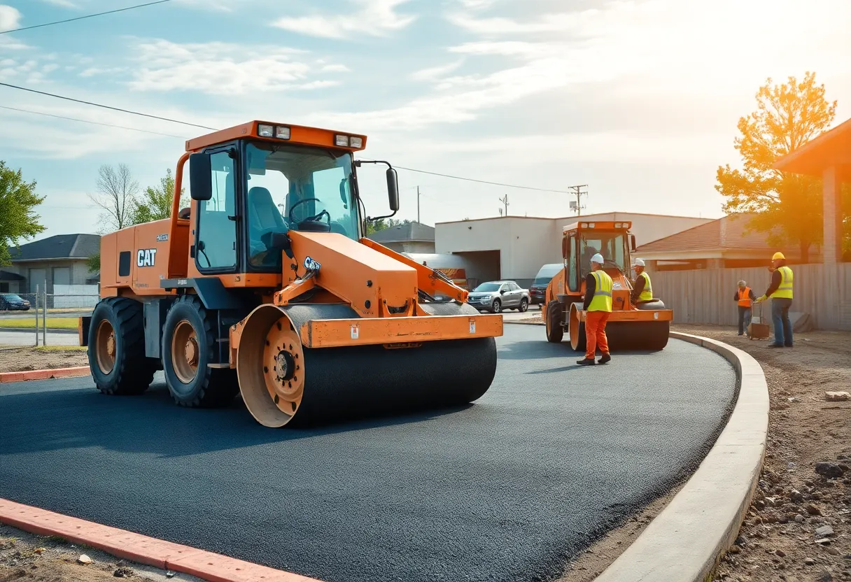 Construction workers paving a road in Louisville with heavy machinery.
