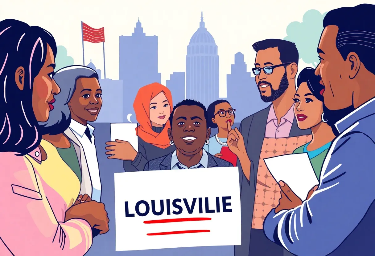 Illustration of citizens discussing community issues during a mayoral election campaign in Louisville.