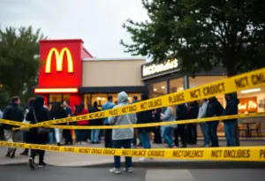 Police tape marking the scene of a shooting outside McDonald's in Louisville