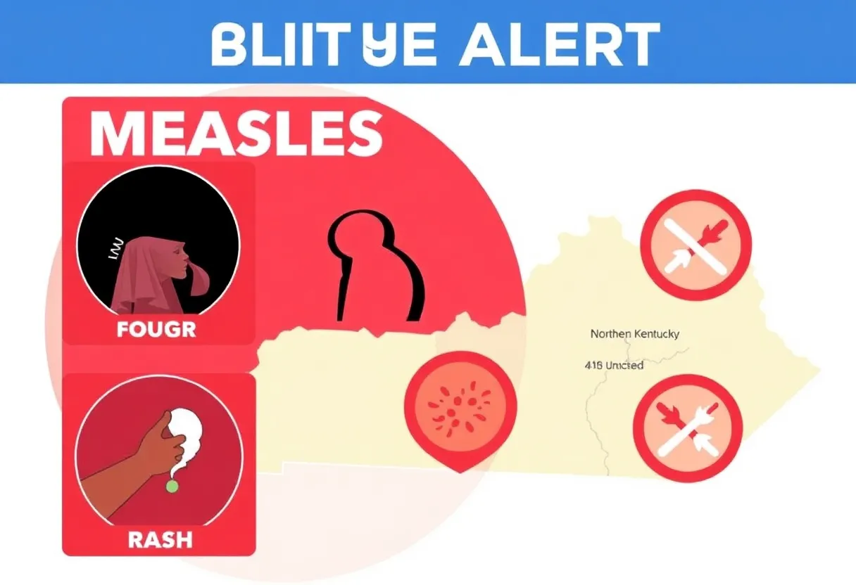 Graphic representation of measles symptoms and a health alert in Northern Kentucky