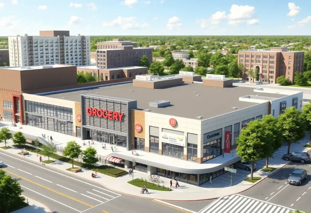 Artist's rendering of the mixed-use redevelopment project for Mid City Mall.