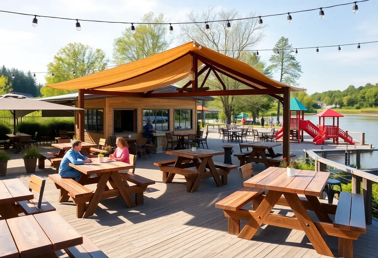 Outdoor dining area at Mike Linnig's Restaurant with picnic tables by the river.