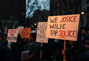 Crowd of protesters holding signs at a rally for police accountability