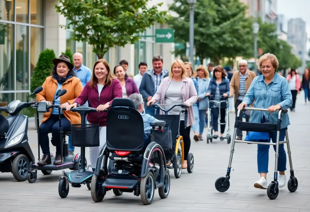 People using mobility aids in an accessible urban space