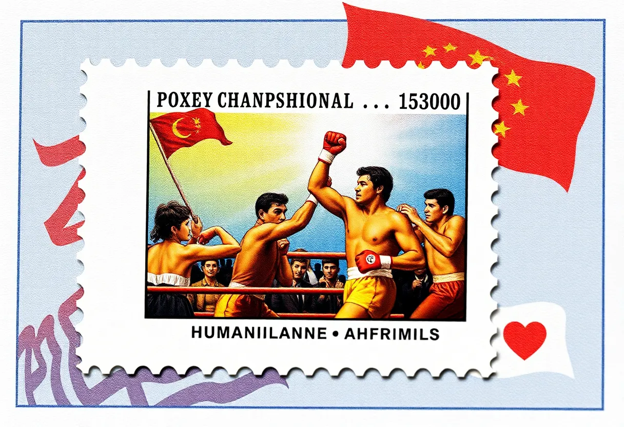 Commemorative stamp honoring Muhammad Ali in a boxing stance