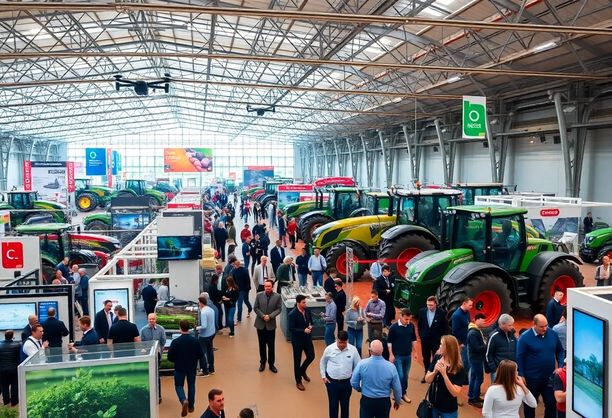 Indoor display of modern agricultural machinery at the National Farm Machinery Show.