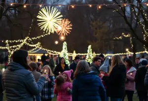 Community celebration with safety measures during New Year's Eve.