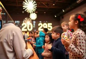 Families participating in the Noon Year's celebration at the Kentucky Science Center with various educational activities.