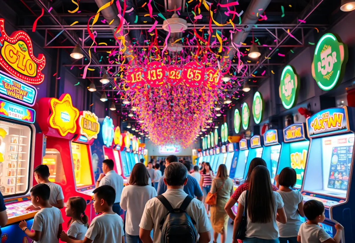 Families enjoying the 'Noon Year's Eve' celebration at Logan Street Market with arcade games and confetti countdown.