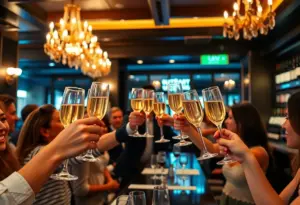 Guests celebrating at Nouvelle Bar & Bottle's reopening with Champagne.