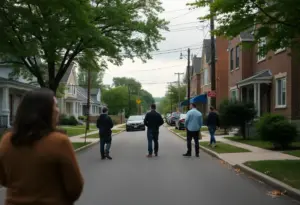 A peaceful street view in Park DuValle, Louisville, showing community engagement.