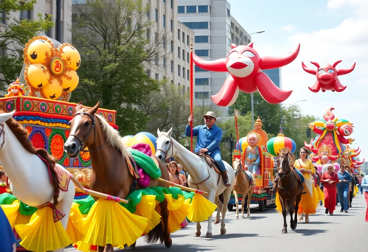 Vibrant parade floats and dancers celebrating movement at the Pegasus Parade