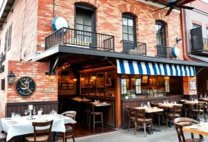 Exterior view of the Pier 17 Cajun Seafood Restaurant in a historic building