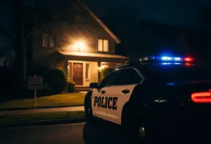 Police car parked outside a suburban house at night