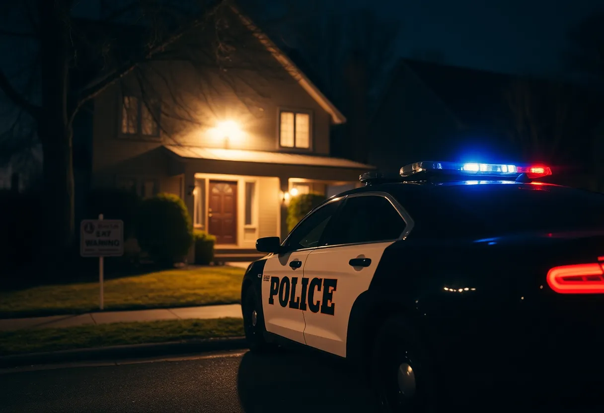 Police car parked outside a suburban house at night