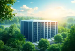 Illustration of a large-scale data center in Louisville with green surroundings.