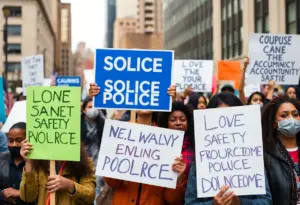 A protest advocating for accountability in immigration enforcement in a city setting.