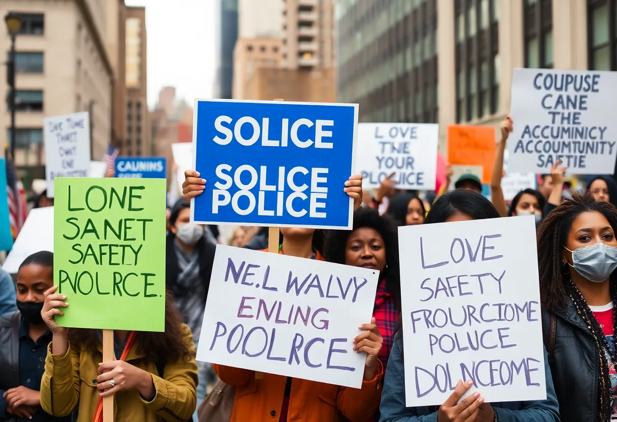 A protest advocating for accountability in immigration enforcement in a city setting.