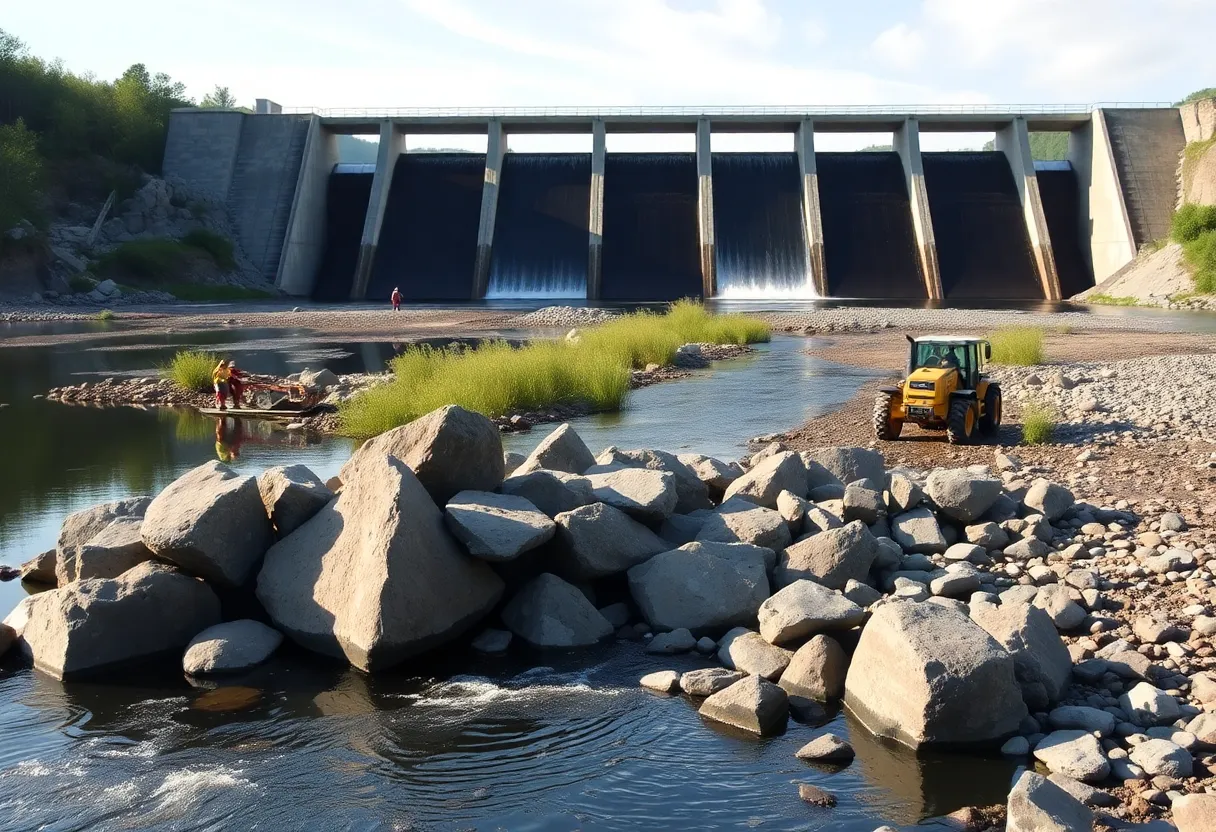Providence Mill Dam with crews removing rocks on Silver Creek