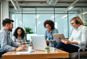A group of diverse professionals working together in a modern remote office setting.