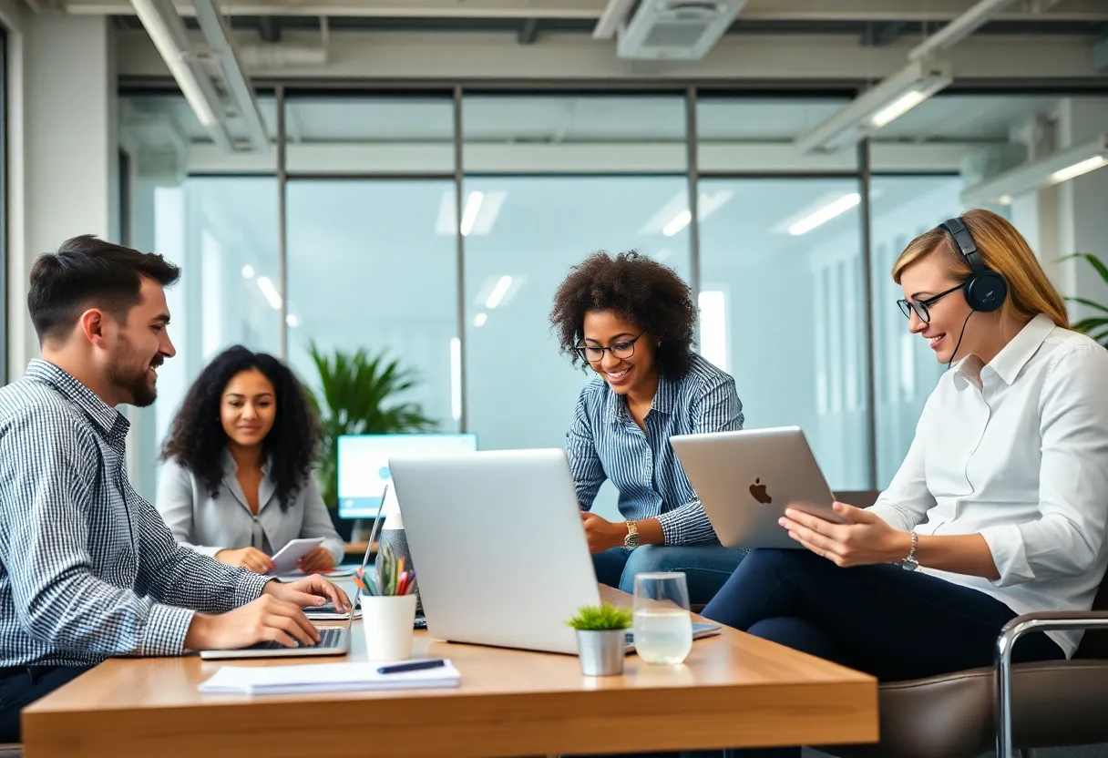 A group of diverse professionals working together in a modern remote office setting.