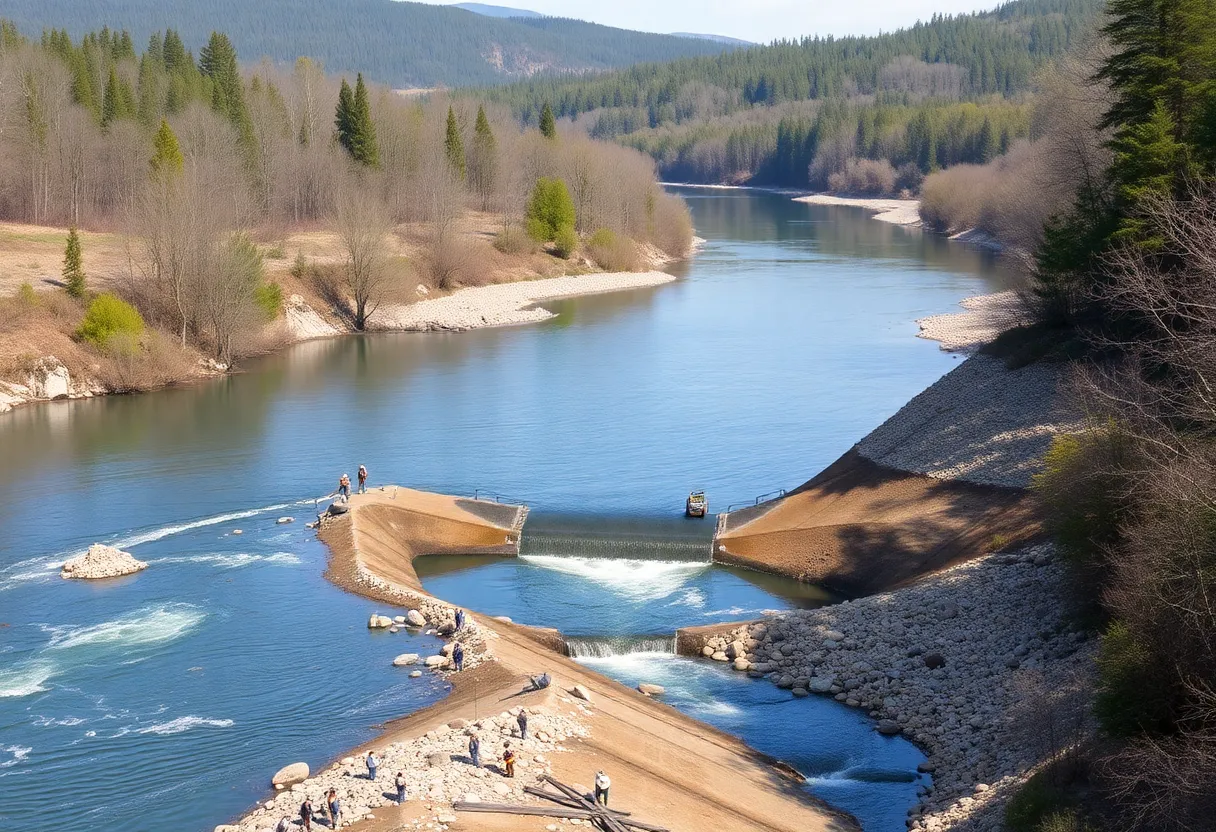 Crews working on the removal of Providence Mill Dam in Silver Creek, New Albany