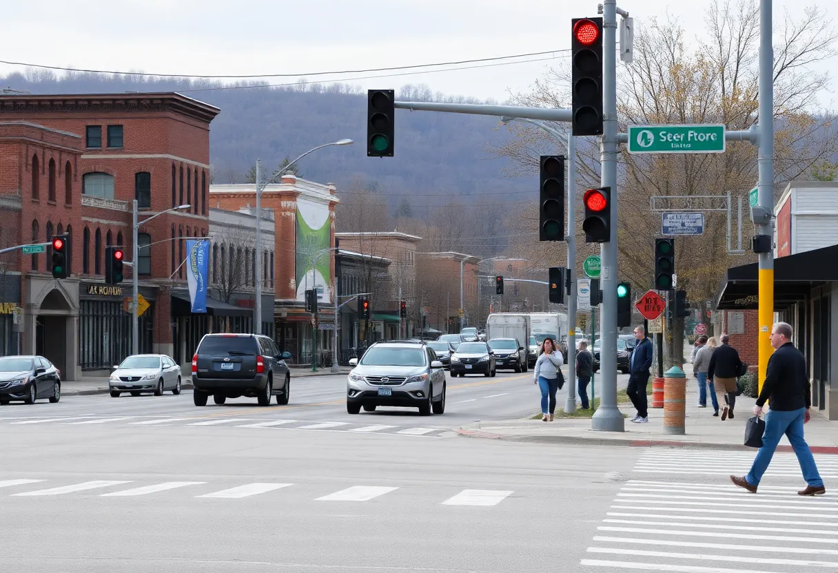 A busy street in Elizabethtown, Kentucky, focusing on traffic safety and pedestrian areas