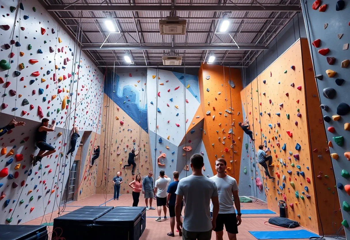 Interior of Rocksport Climbing Gym with climbers on the walls