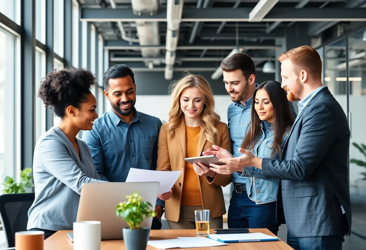 Diverse entrepreneurs collaborating in an office to represent small business support.