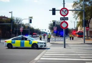 Scene of a traffic incident with emergency responders at an intersection