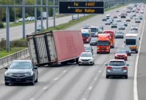 Flipped semi-truck blocking lanes on I-65 South with emergency response