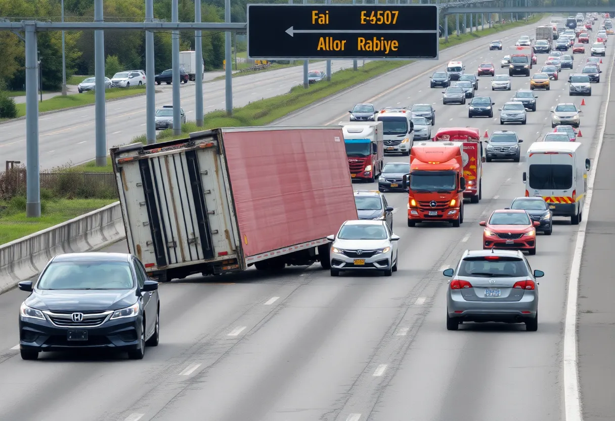 Flipped semi-truck blocking lanes on I-65 South with emergency response