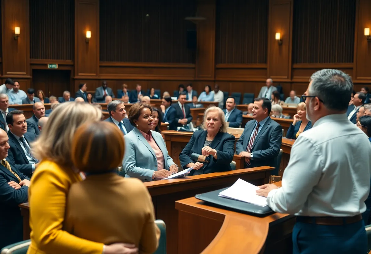 Legislative chamber with diverse politicians discussing policies