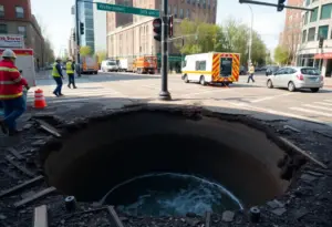 A massive sinkhole at the intersection after a water main break.