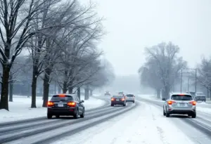 Light snow falling in Louisville, creating slippery road conditions.