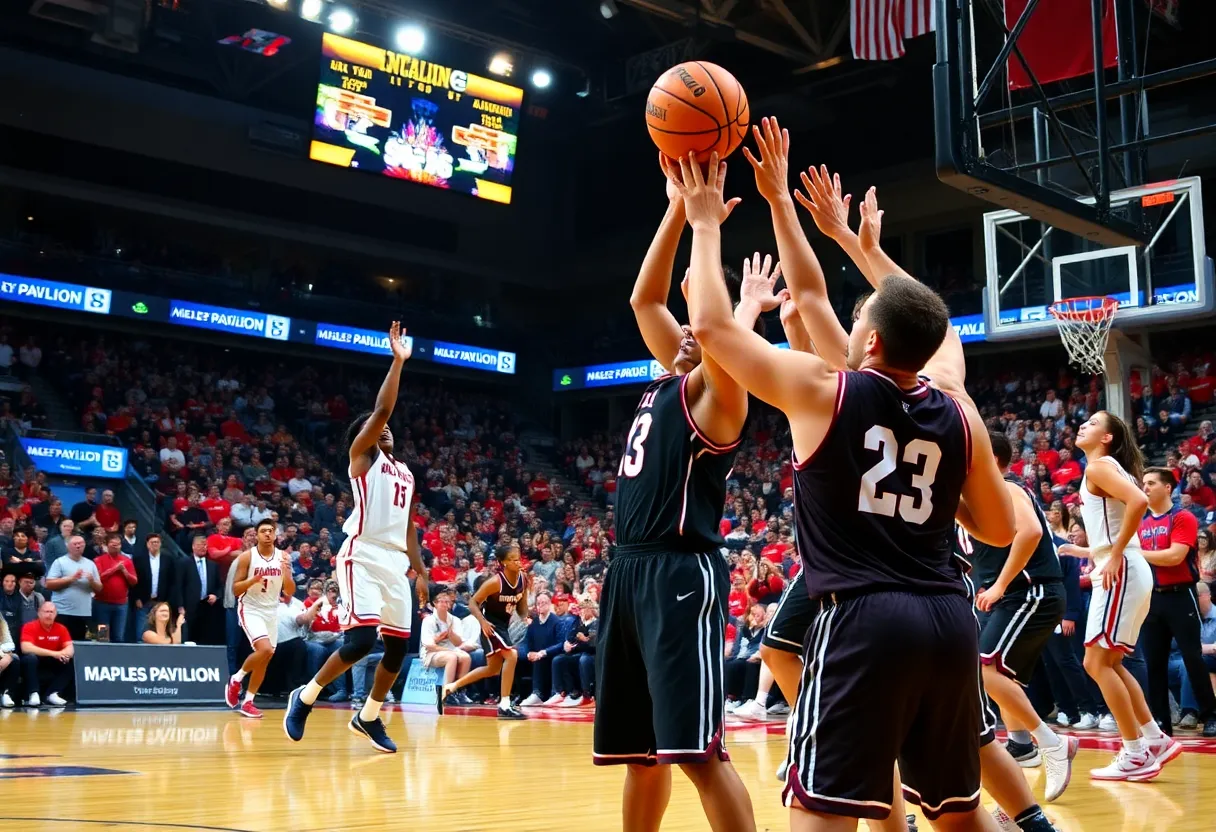Stanford basketball players competing against Louisville at Maples Pavilion