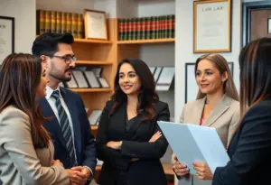 Interior of a law firm with diverse attorneys discussing case files.