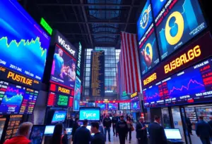 Stock market scene with rising indices and technology company logos