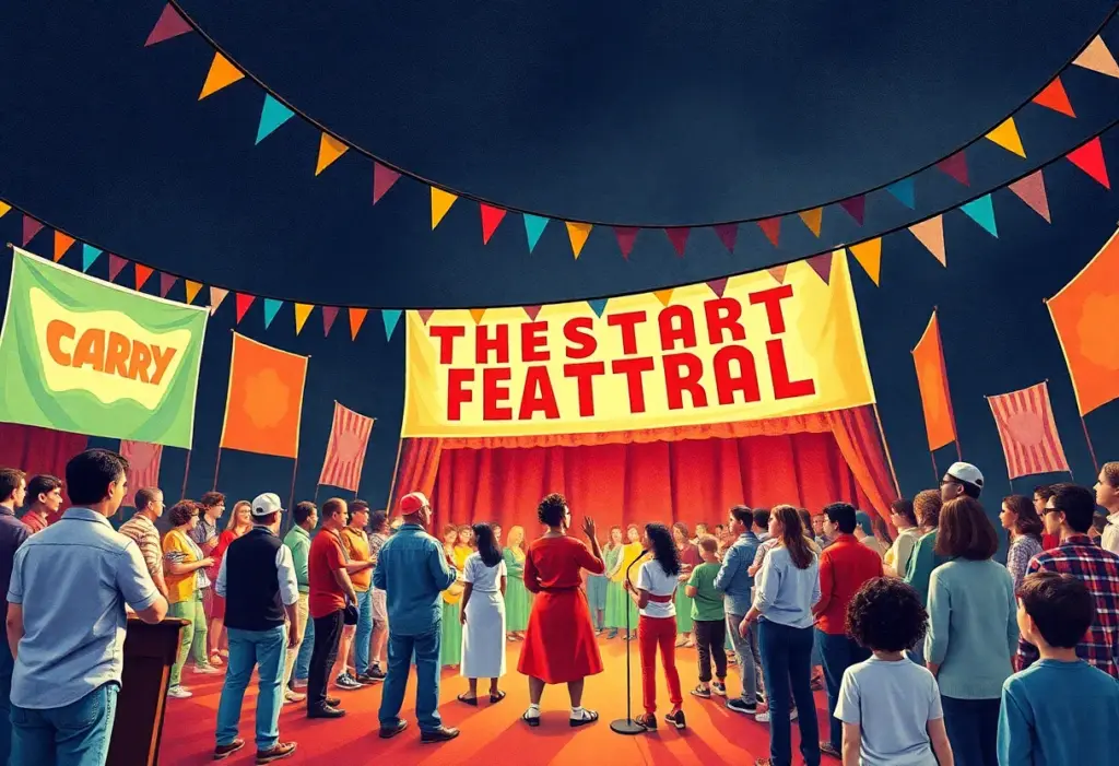 Vibrant theater festival with diverse artists performing