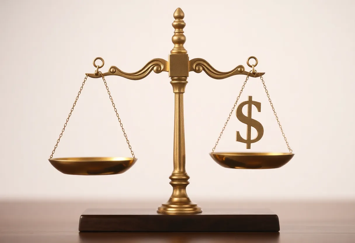 Artistic depiction of scales representing judicial authority and monetary policy