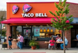 Taco Bell restaurant in Kentucky with outdoor dining area